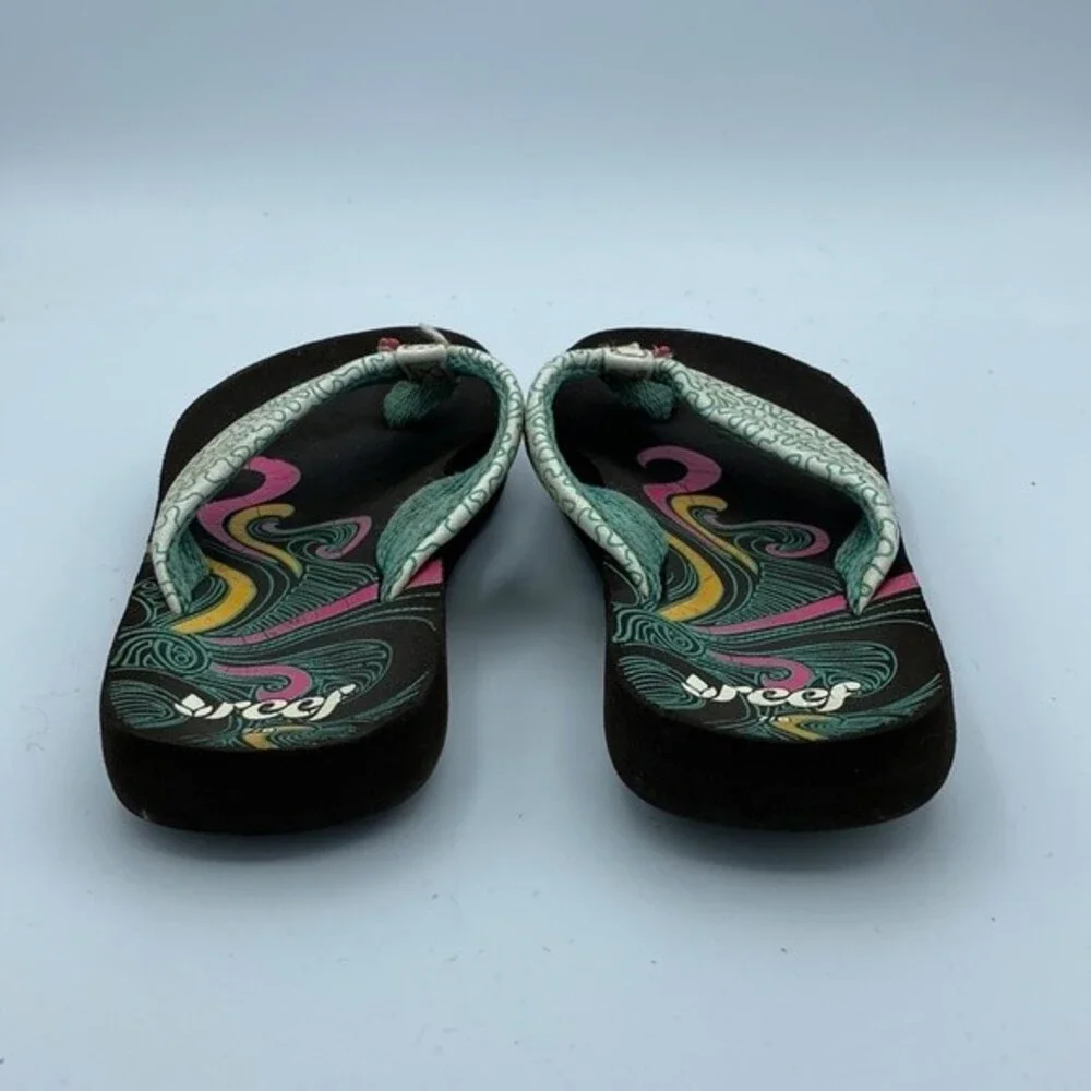 Reef kids 7/8 Sandals Flip Flop Thong Teal Pink Slip On Black Soles
